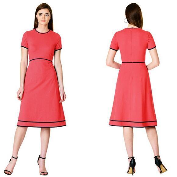 eShakti Contrast trim cotton knit dress in coral red cotton blend women size 16W - Picture 1 of 12